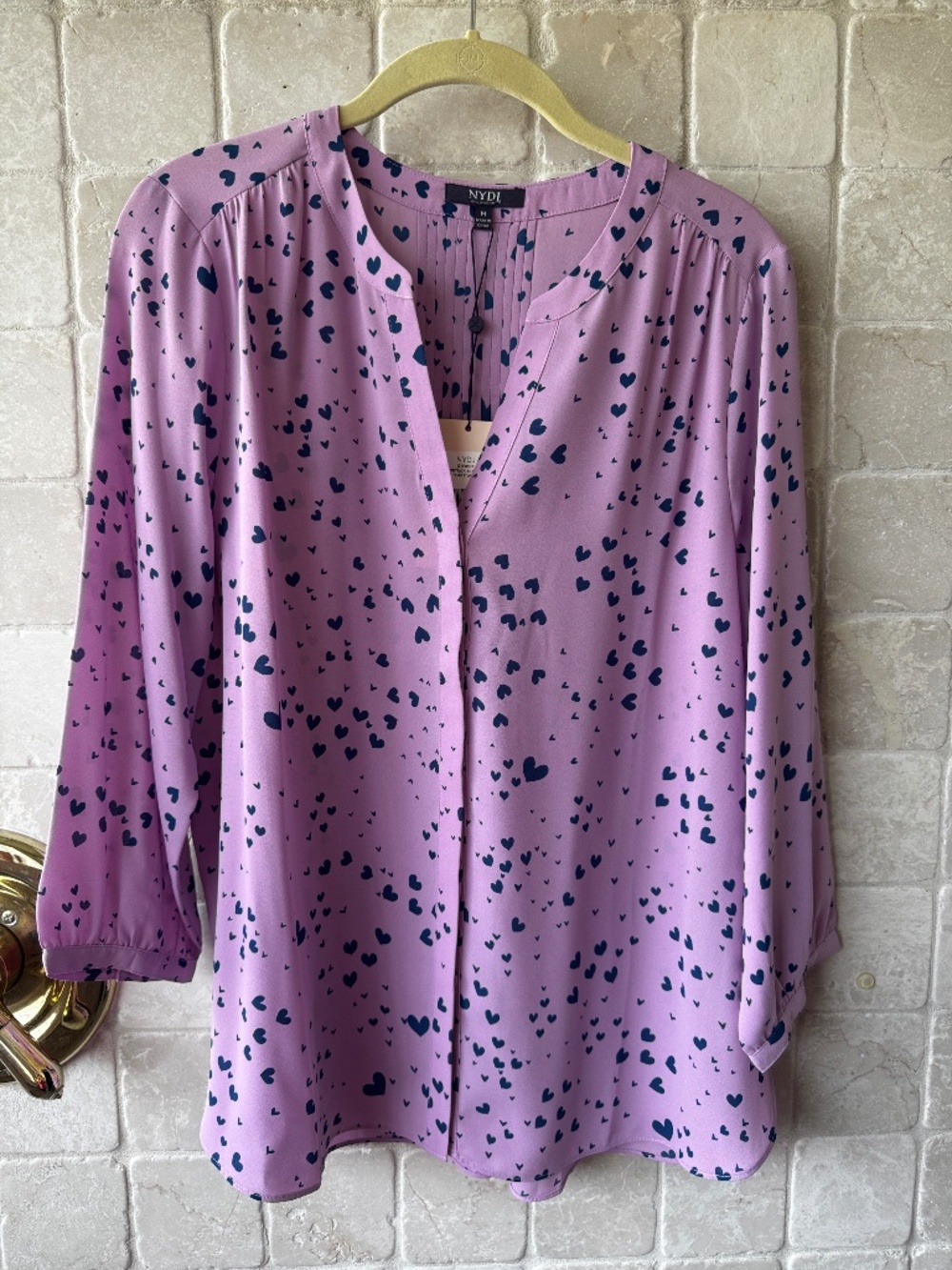 NYMJ pintuck blouse purple w/ blue hearts